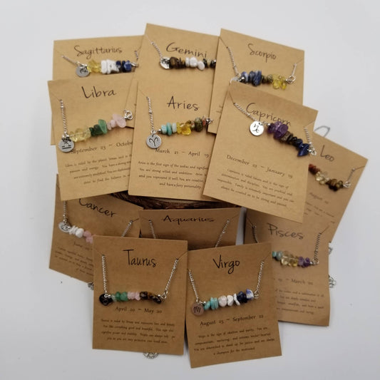 Zodiac Natural Stone Handwoven Constellation Necklace with Card