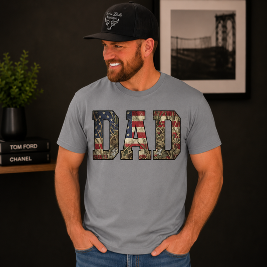 Patriotic Camo “DAD” Graphic Tee | Father’s Day Americana Shirt